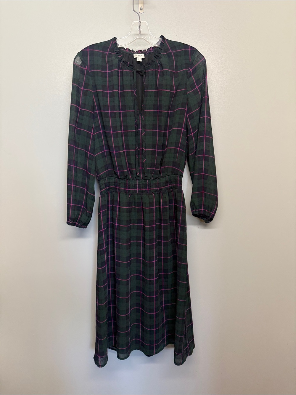 J Crew Plaid Long-Sleeve Smocked Midi Dress in Green and Pink
